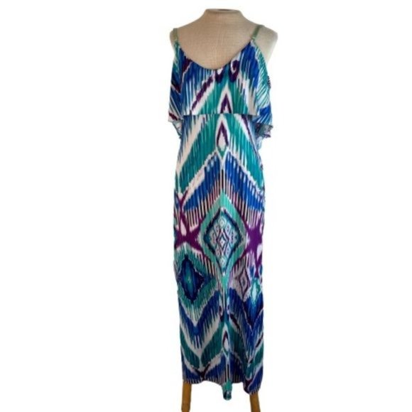 Bailey Dresses & Skirts - Bailey Blue Watercolor Aztec Stretch Maxi Dress Green Blue M Medium